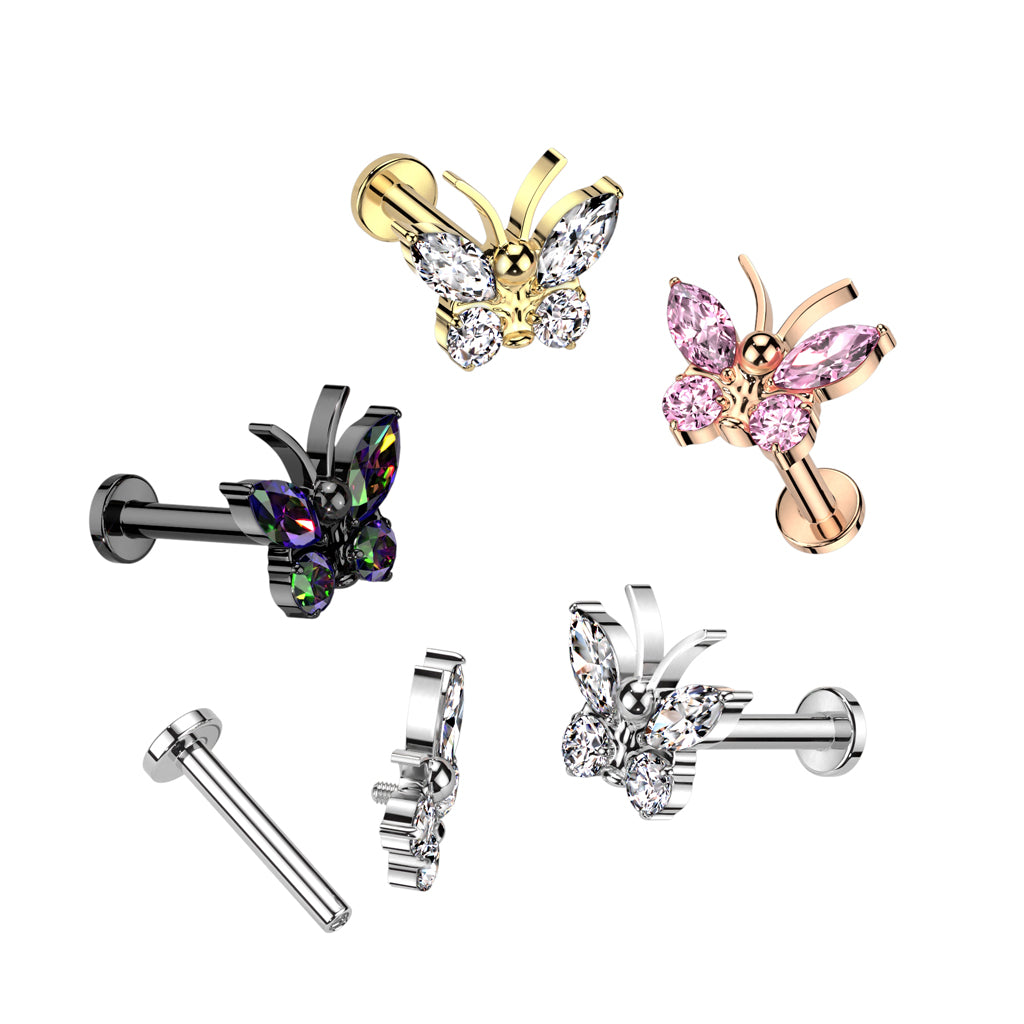 16G Titanium Internally Threaded (8mm) Labret W/ Butterfly Top For Ear Piercings